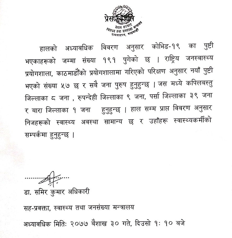 नेपालमा एकै दिन ५७ जनामा कोरोना संक्रमण