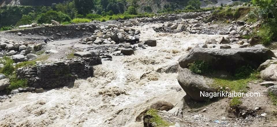 बाउली खाेलामा आएकाे बाढीले काठेपुल बगायाे