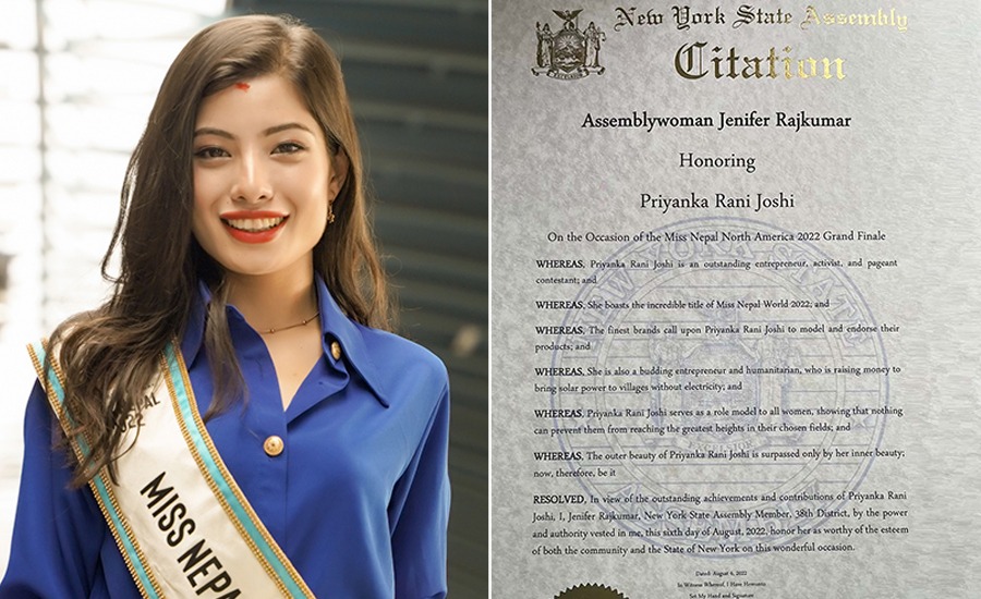 मिस नेपाल प्रियंकालाई अमेरिकी सांसद जेनिफरले गरिन् सम्मान